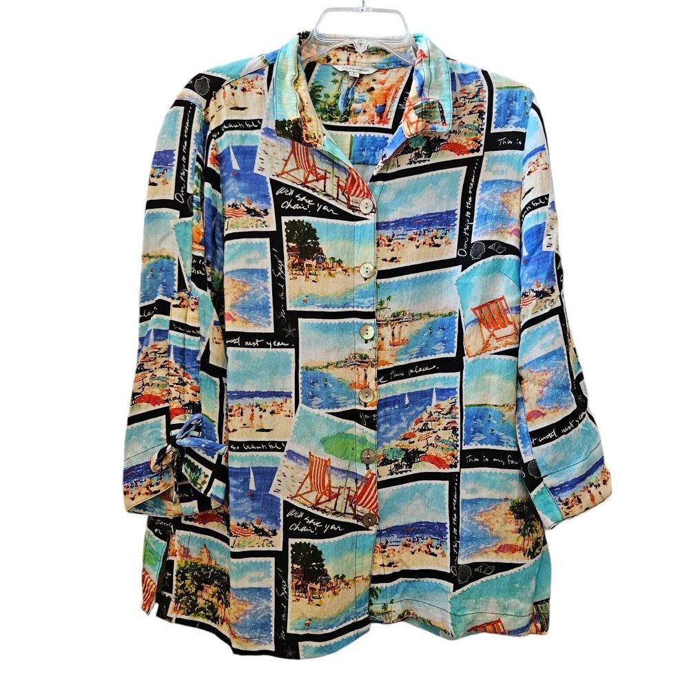 John Mark Artsy Novelty Travel Beach Vacation Allover Print Button Up Top Size S